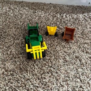 Green and Yellow Farm Tractor Toy with Two Detachable Trailers